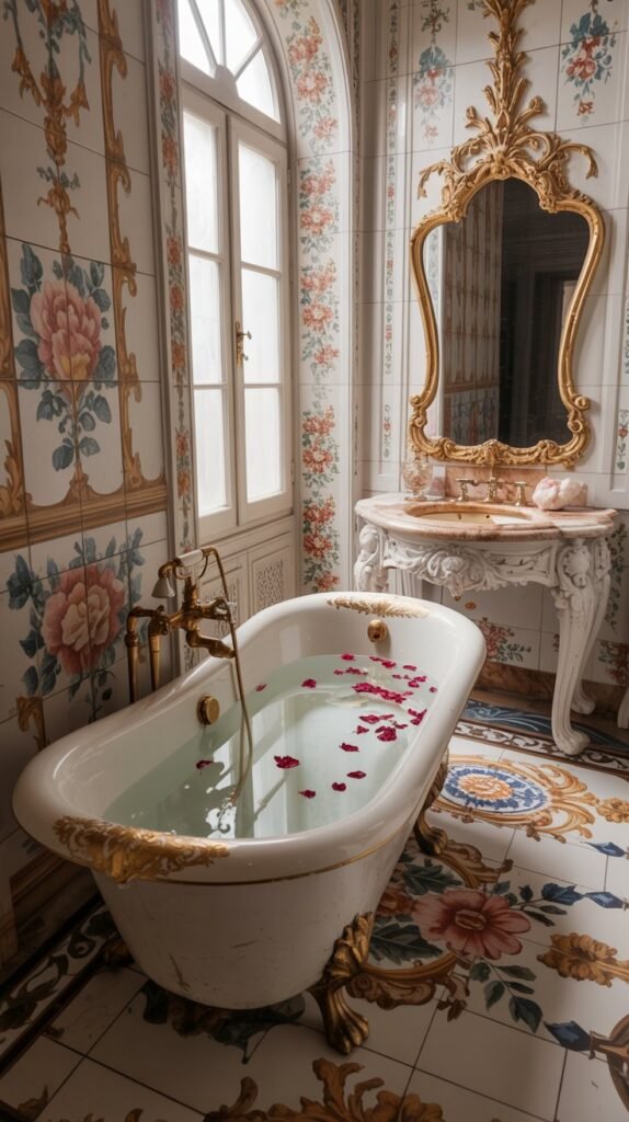 A beautifully decorated Rococo bathroom featuring vibrant floral tiles on the walls and floor, with a vintage bathtub and sink.