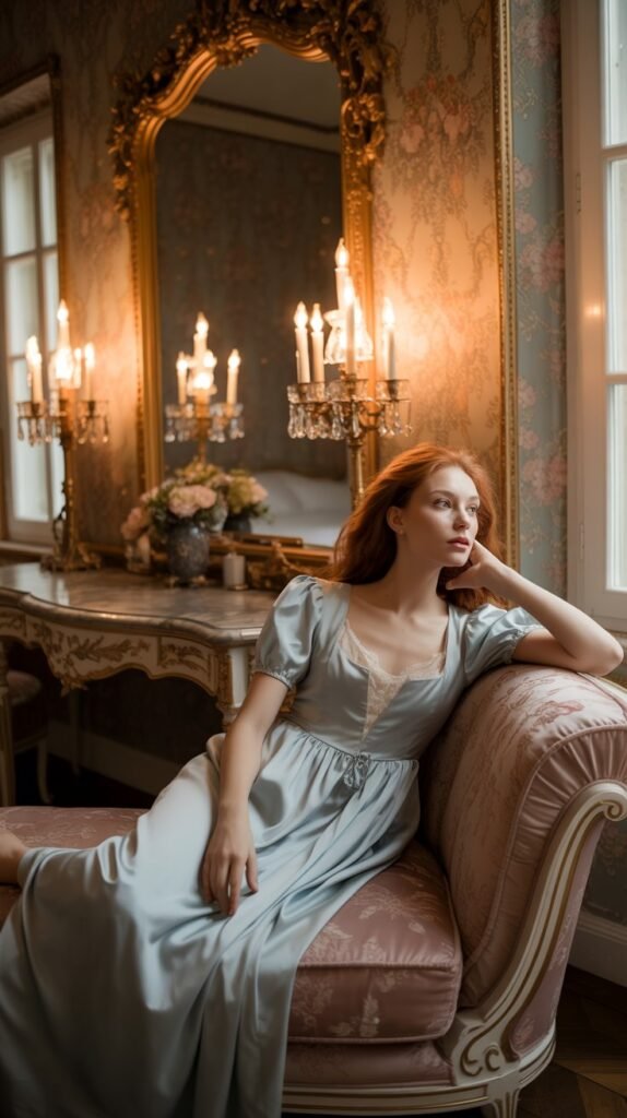 A Rococo-style bedroom featuring warm candlelight and elegant decor.