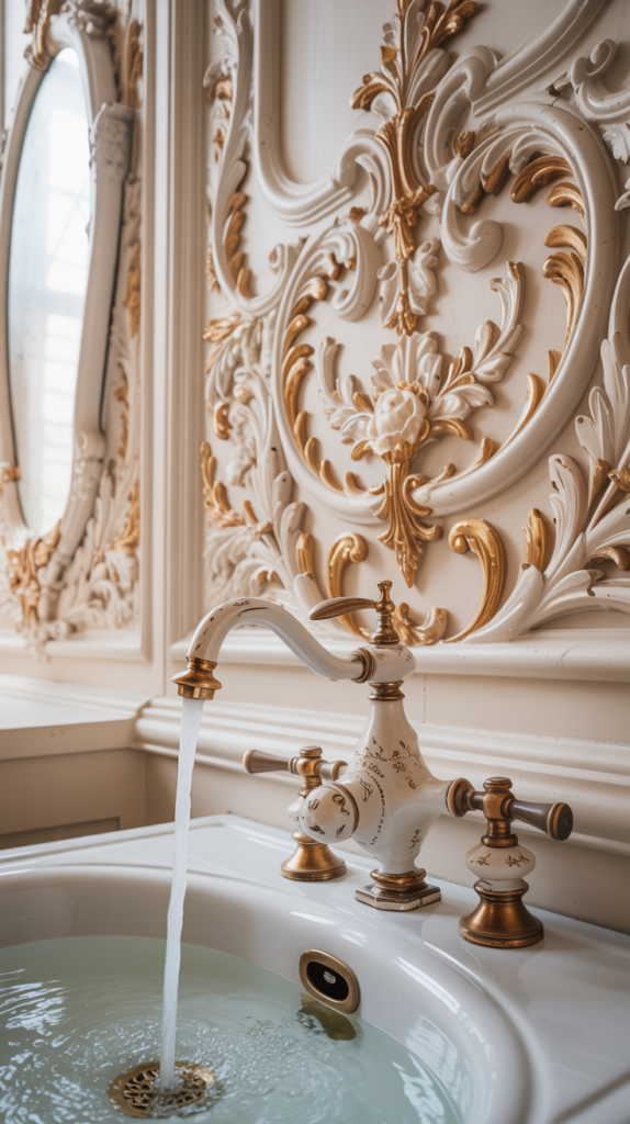 Intricate wall paneling in a Rococo style bathroom with ornate carvings and a luxurious design.