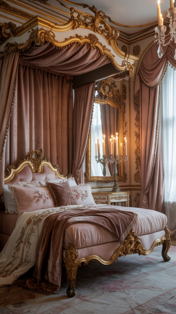 Rococo bedroom featuring ornate wall treatments and a lavish bed.
