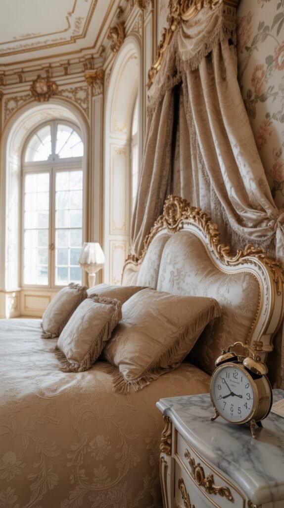 A luxurious Rococo bedroom with intricate crown molding on the ceiling.