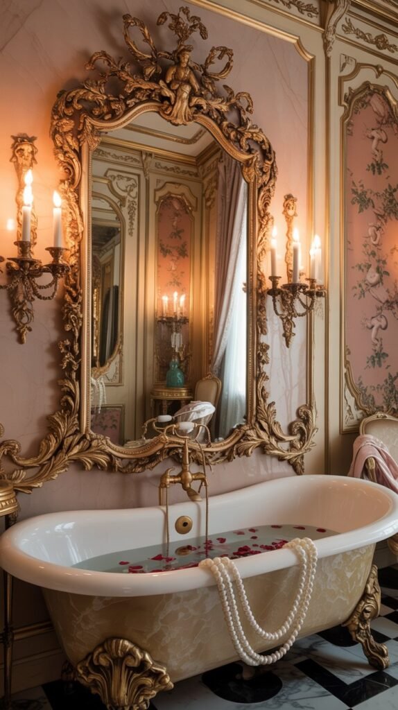 Elegant Rococo style bathroom featuring a sculptural mirror, ornate sconces, and decorative accents.