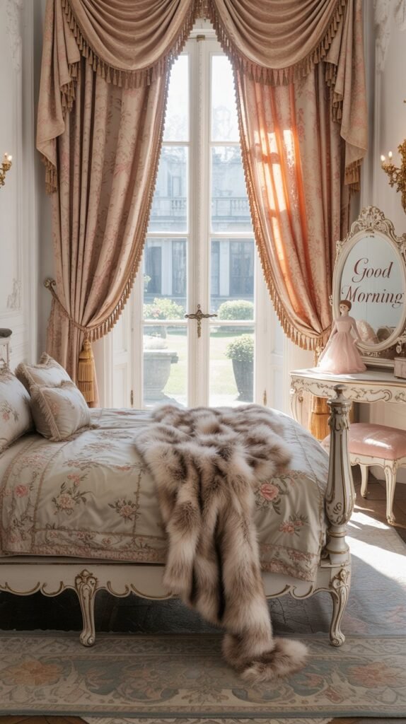A Rococo style bedroom featuring layered textiles with a faux fur throw and ornate curtains.