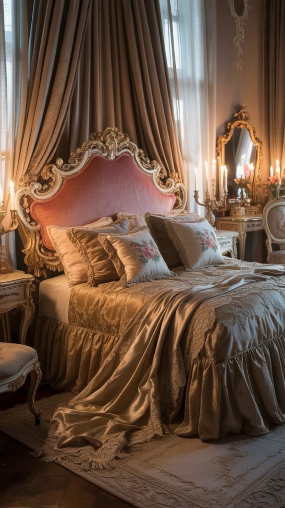 Rococo style bedroom featuring ornate wooden furniture, a lavish bed, and decorative elements.
