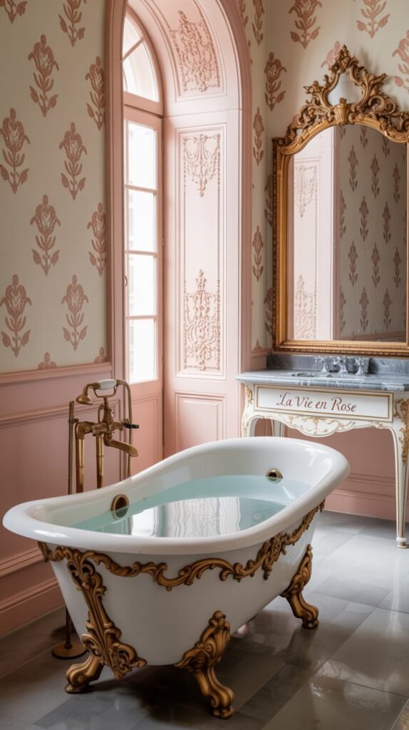 Rococo styled bathroom with pink and blue color palette
