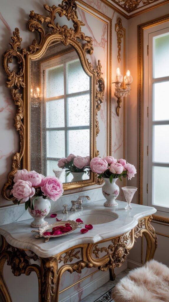 A stylish Rococo bathroom featuring a mirror, vases, and decorative tray.