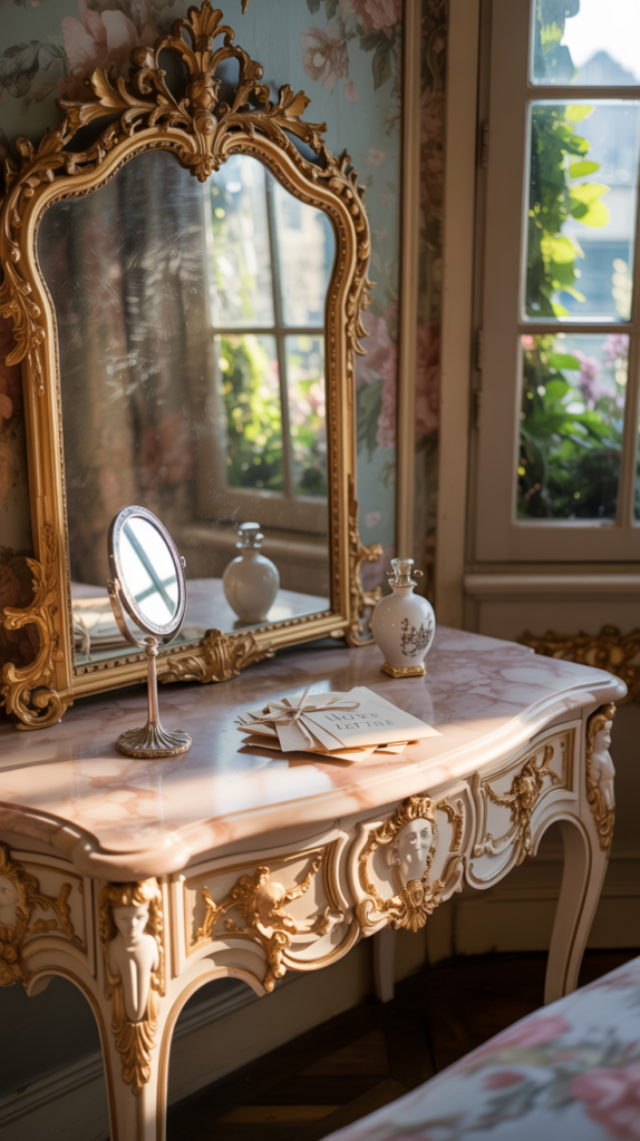 Ornate Rococo-style dressing table with intricate carvings and a large mirror in a serene bedroom setting.