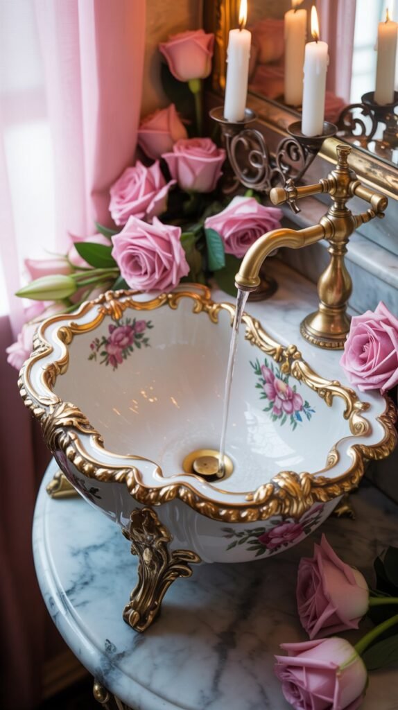 An ornate Rococo-style sink with intricate details, surrounded by a candle holder and flowers.