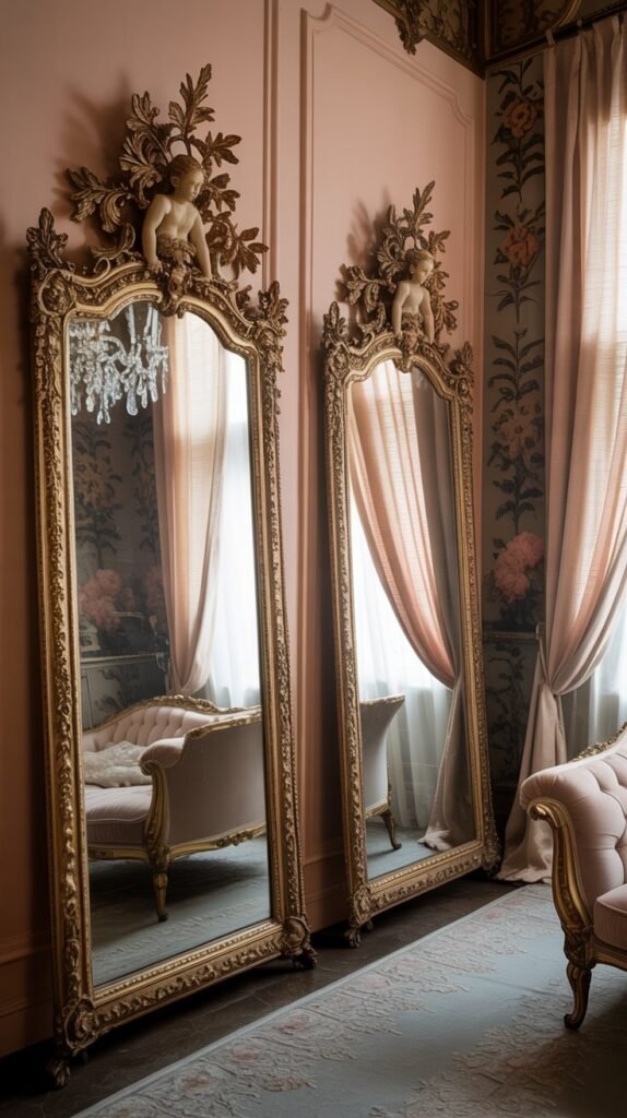 Rococo style mirrors with ornate gold frames in a beautifully decorated bedroom