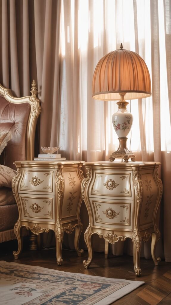 Elegant Rococo bedside tables with intricate designs in a luxurious bedroom setting