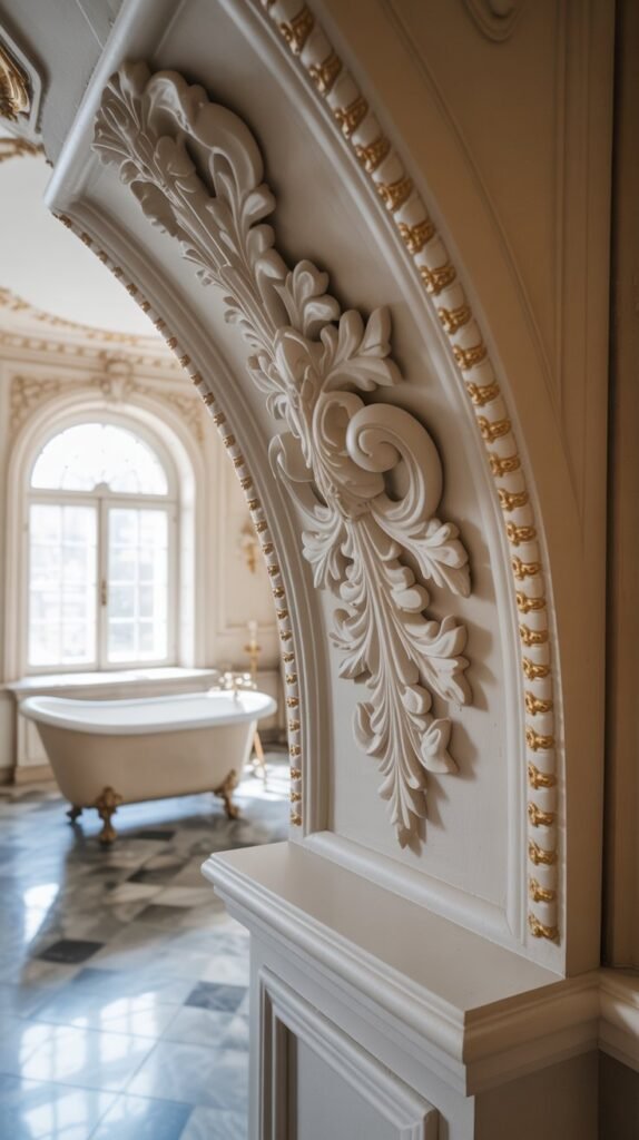 Intricate white crown molding in a Rococo style bathroom with gold accents