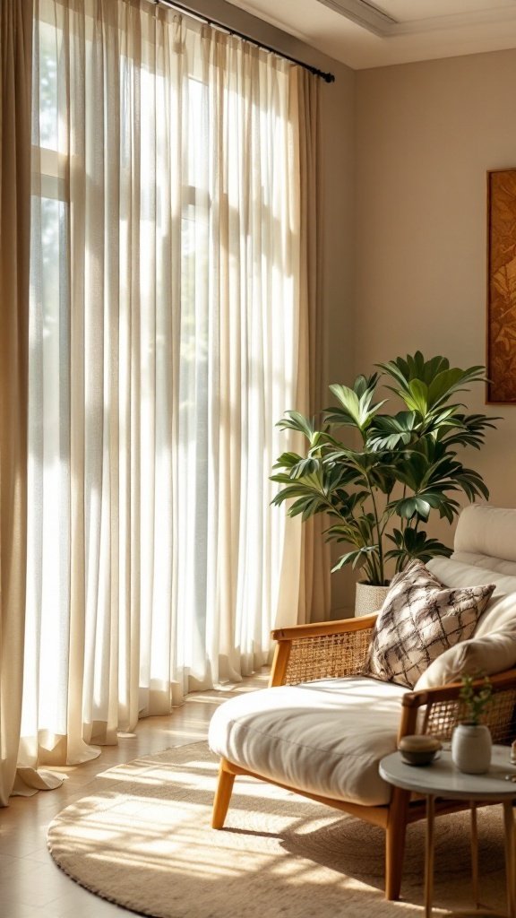 A bright and airy living space featuring sheer curtains, cozy seating, and indoor plants.