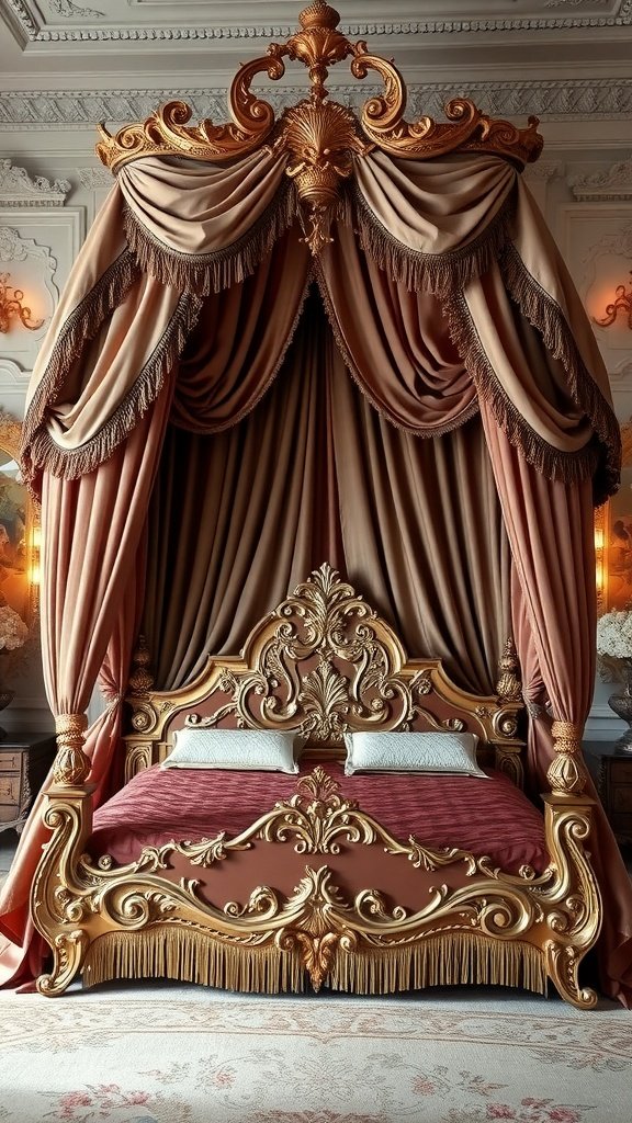 A luxurious Rococo canopy bed with ornate details and rich drapery.