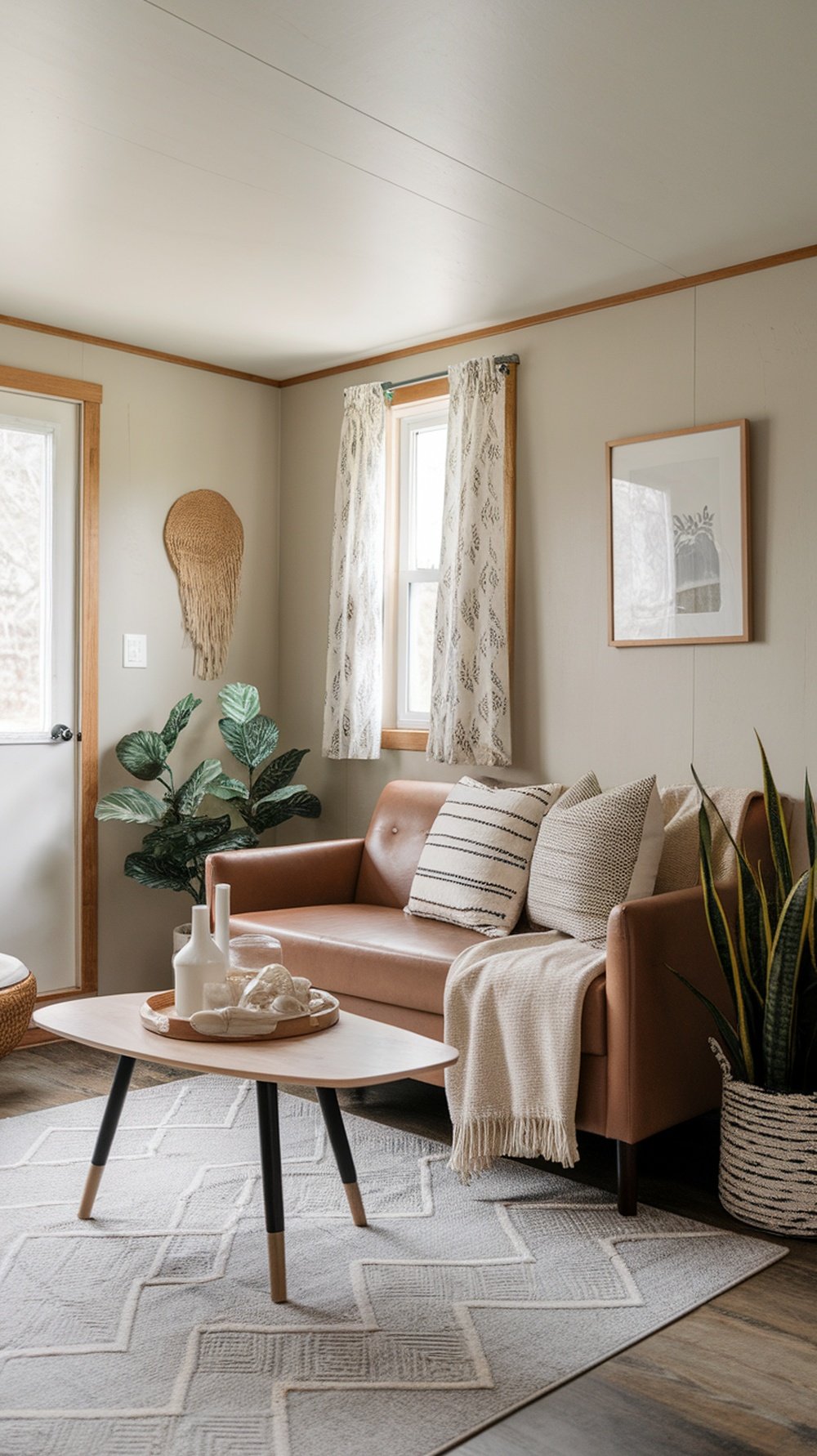 Cozy living room with a brown sofa, decorative pillows, a coffee table, and plants, showcasing minimalist decor.