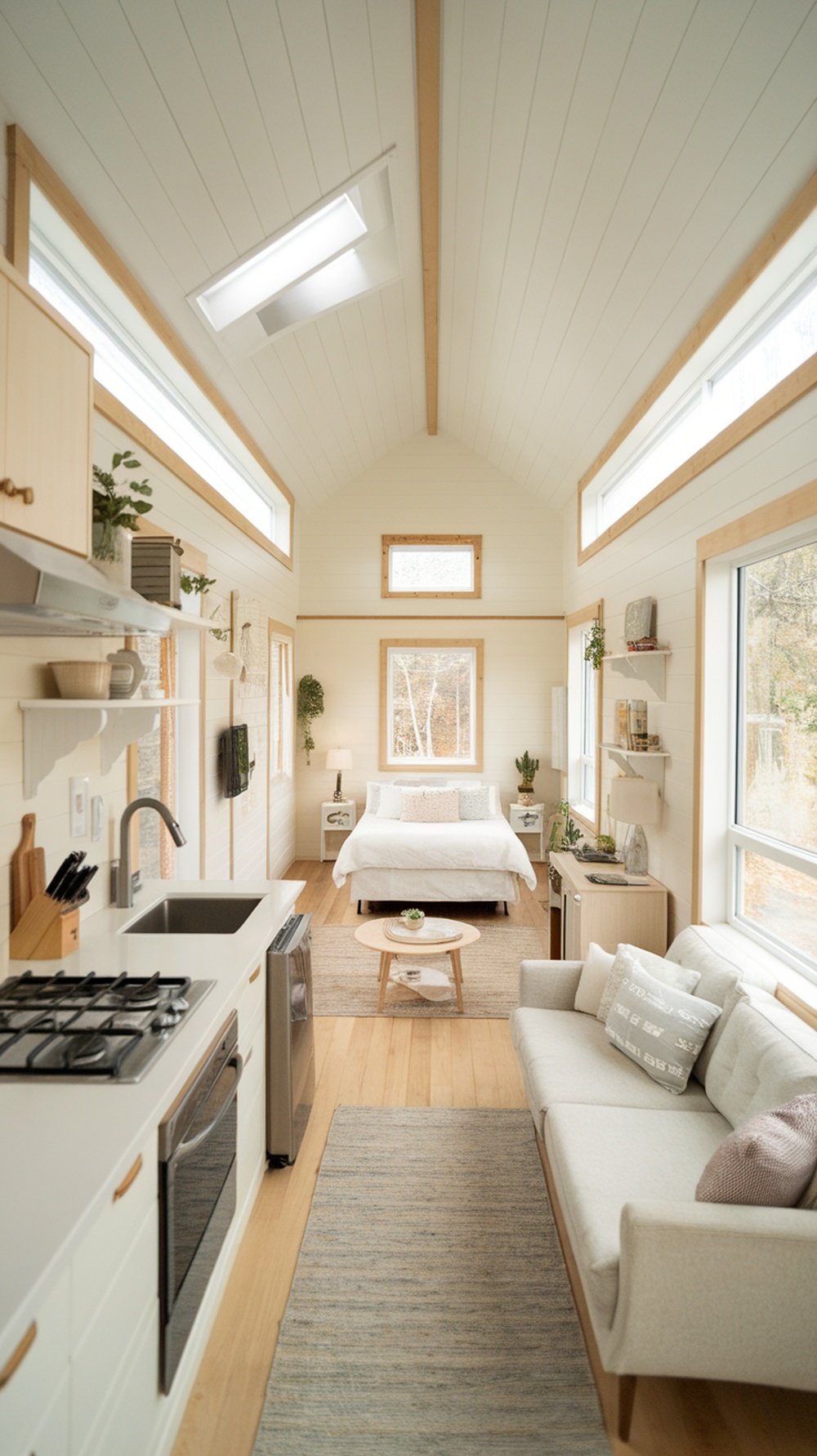 Interior of a tiny house showing a cozy living area with a bed, kitchen, and neutral color scheme.