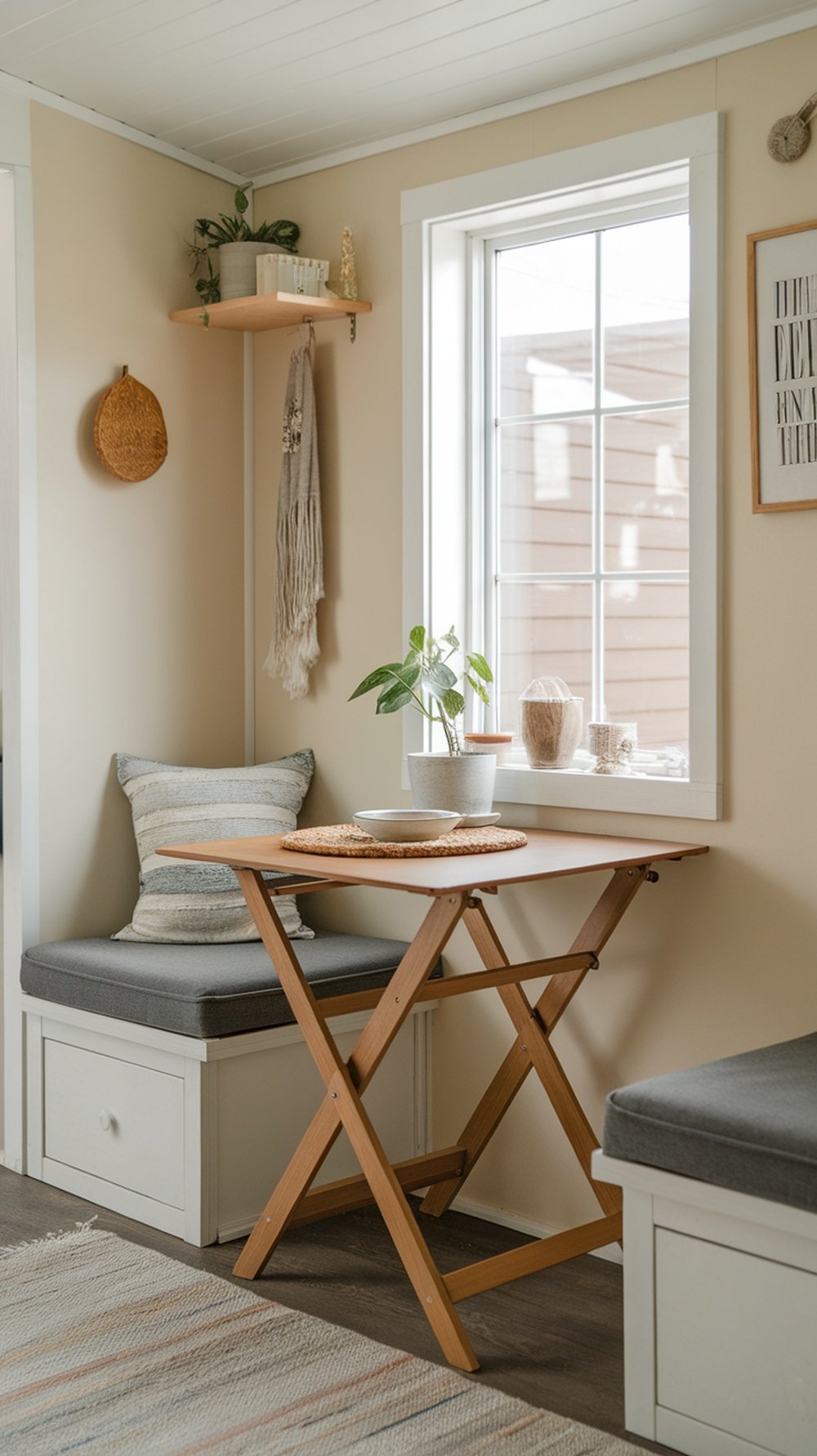 A cozy dining nook with a small folding table, corner seating, and plants, designed for a tiny home.