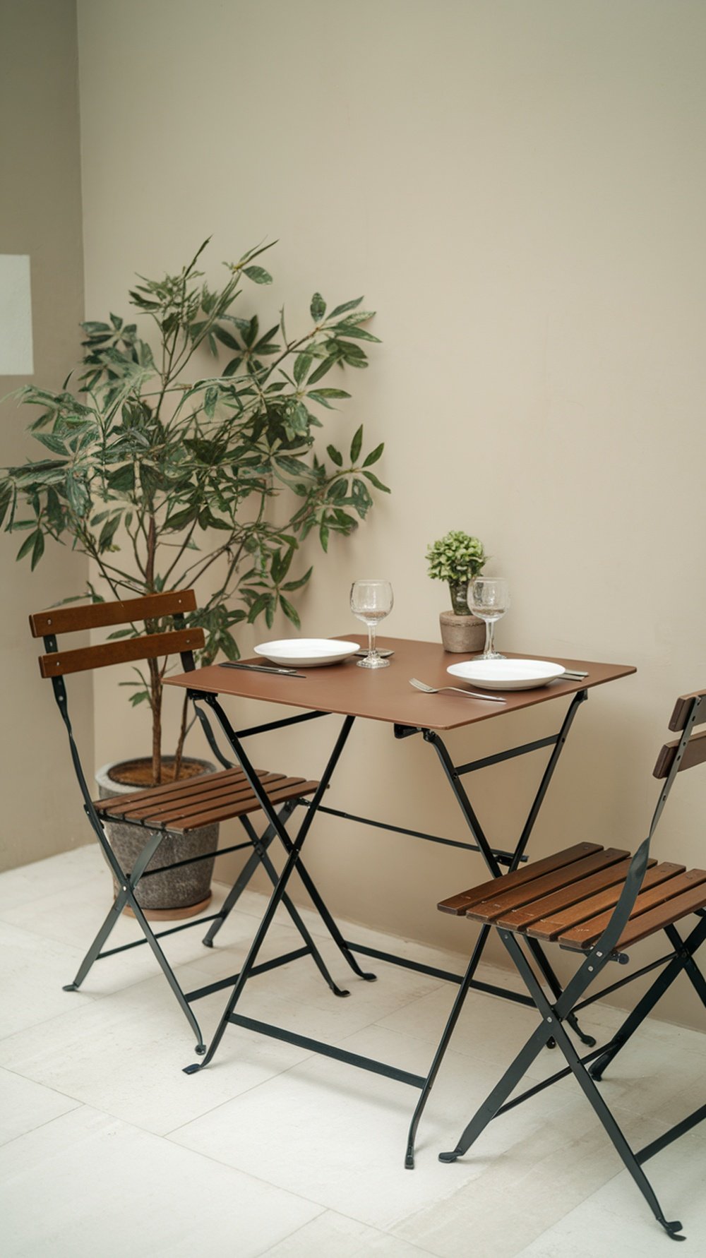 A compact folding dining table with two chairs in a small dining area.