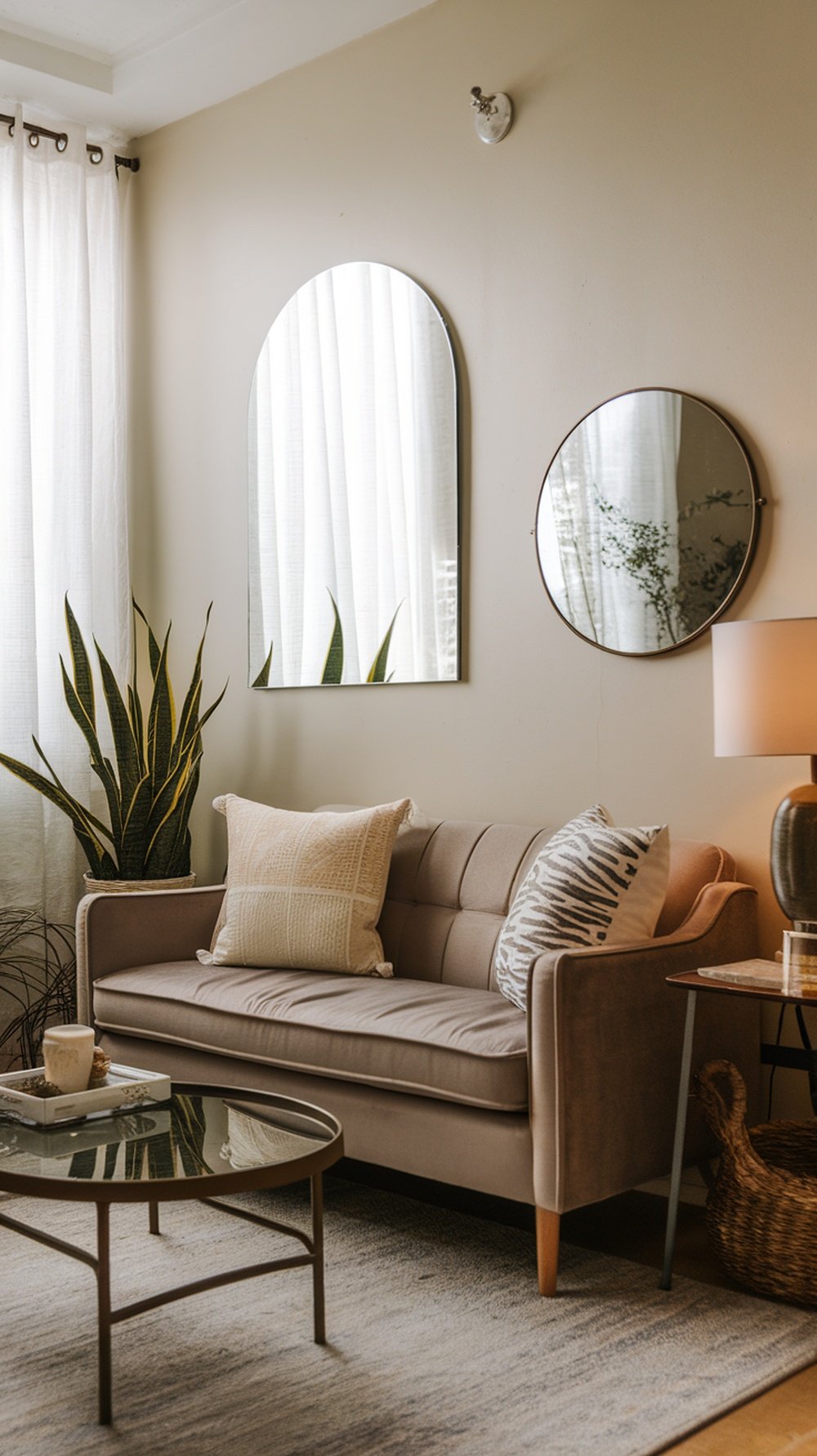 Cozy living area featuring mirrors on the wall, a sofa, and a snake plant.
