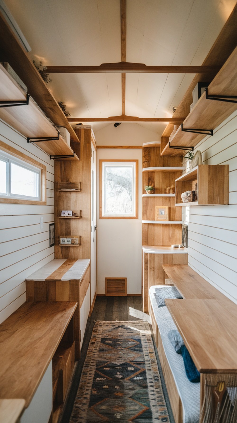 Interior of a tiny house with customized built-in wooden shelves and seating