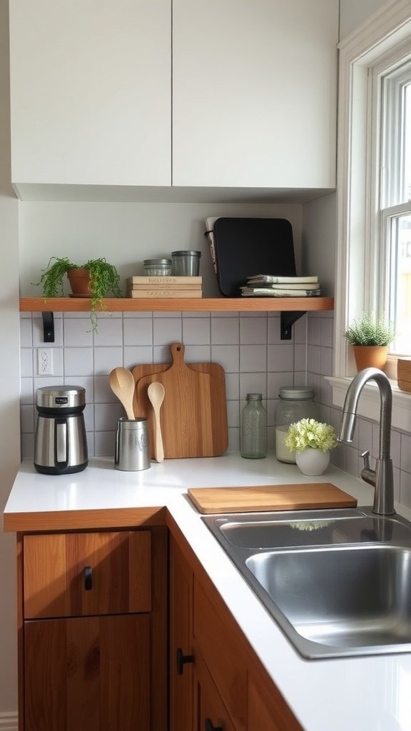 A clean and minimalist kitchen countertop with a kettle, wooden board, potted plant, and a can of coconut milk