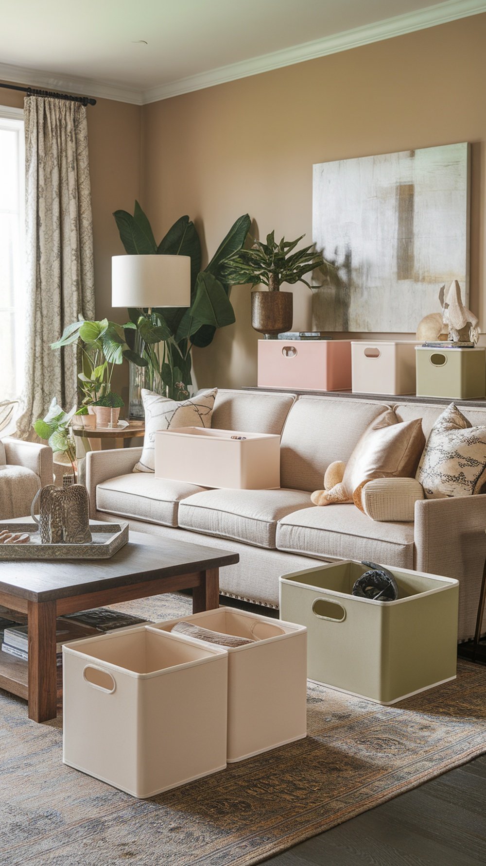 Cozy living room with decorative storage bins in various colors on a sofa and table