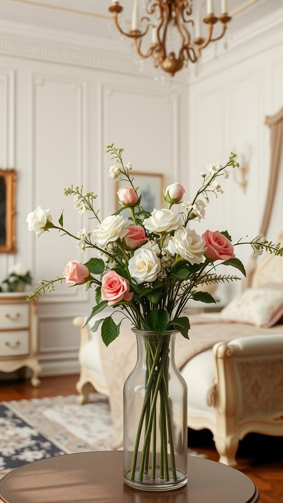 A beautiful bouquet of pink and white roses in a glass vase, set in a Rococo style bedroom.