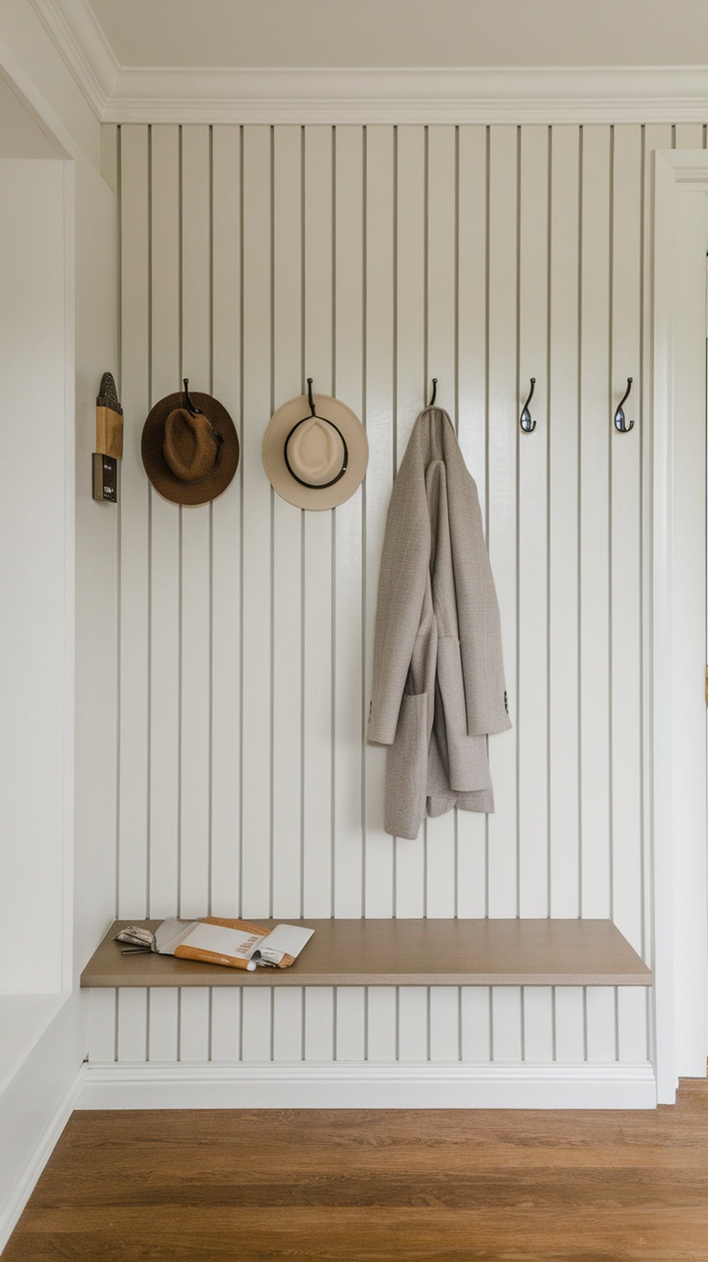 Minimalist entryway with striped wall, hats on hooks, and a coat hanging