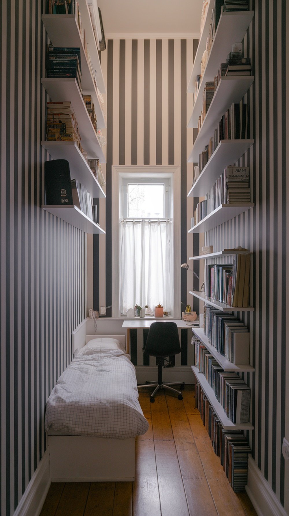 A narrow room with vertical striped wallpaper, tall shelves filled with books, and a desk by the window.