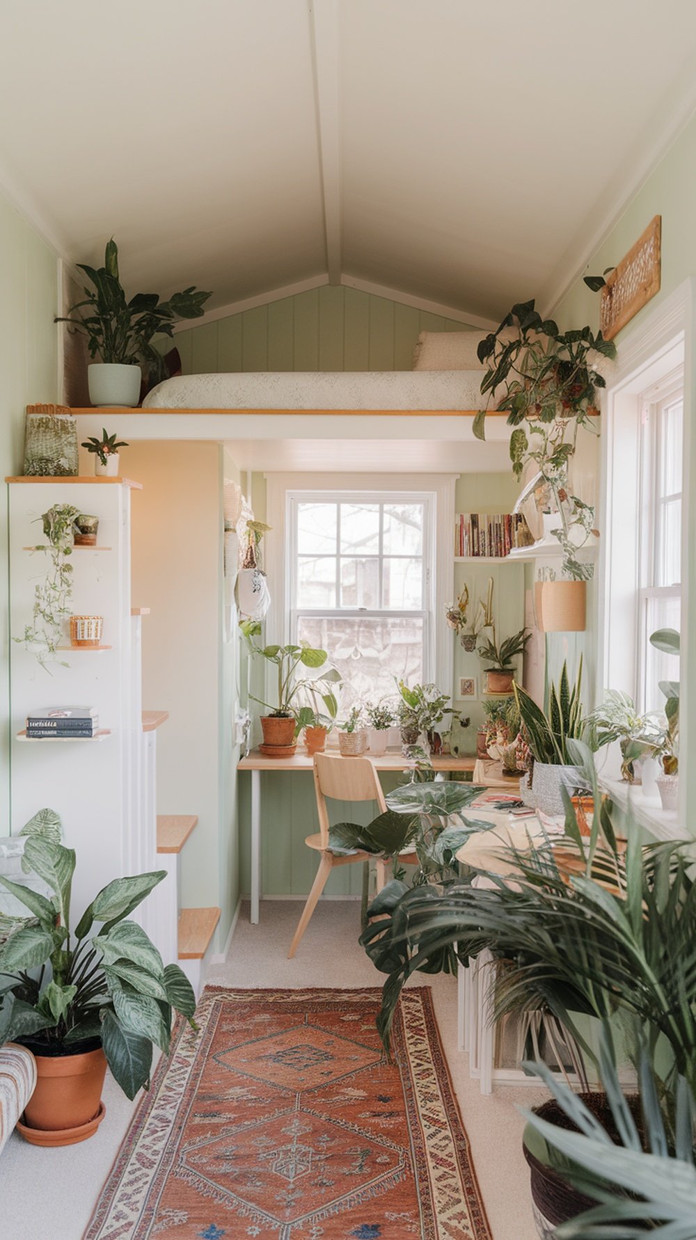 A cozy tiny home interior featuring various indoor plants and a warm rug.