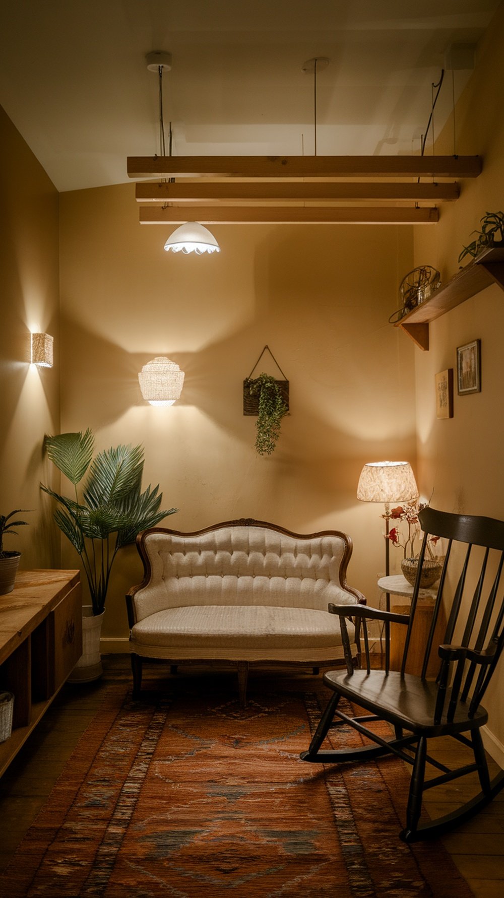 Cozy living area with layered lighting, featuring a couch, plants, and decorative lamps.