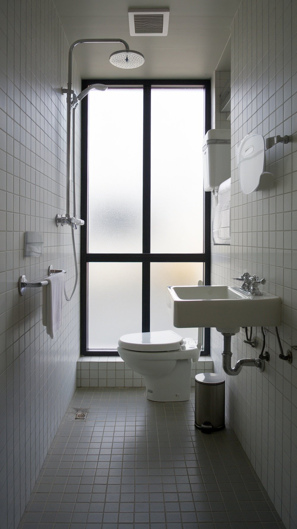 Modern minimalist bathroom with shower, toilet, and sink, featuring large windows and clean lines.