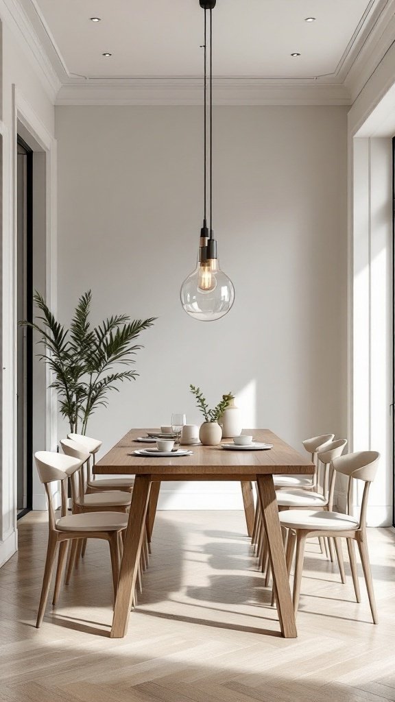 Minimalist pendant lights above a wooden dining table with plants in a light-colored room