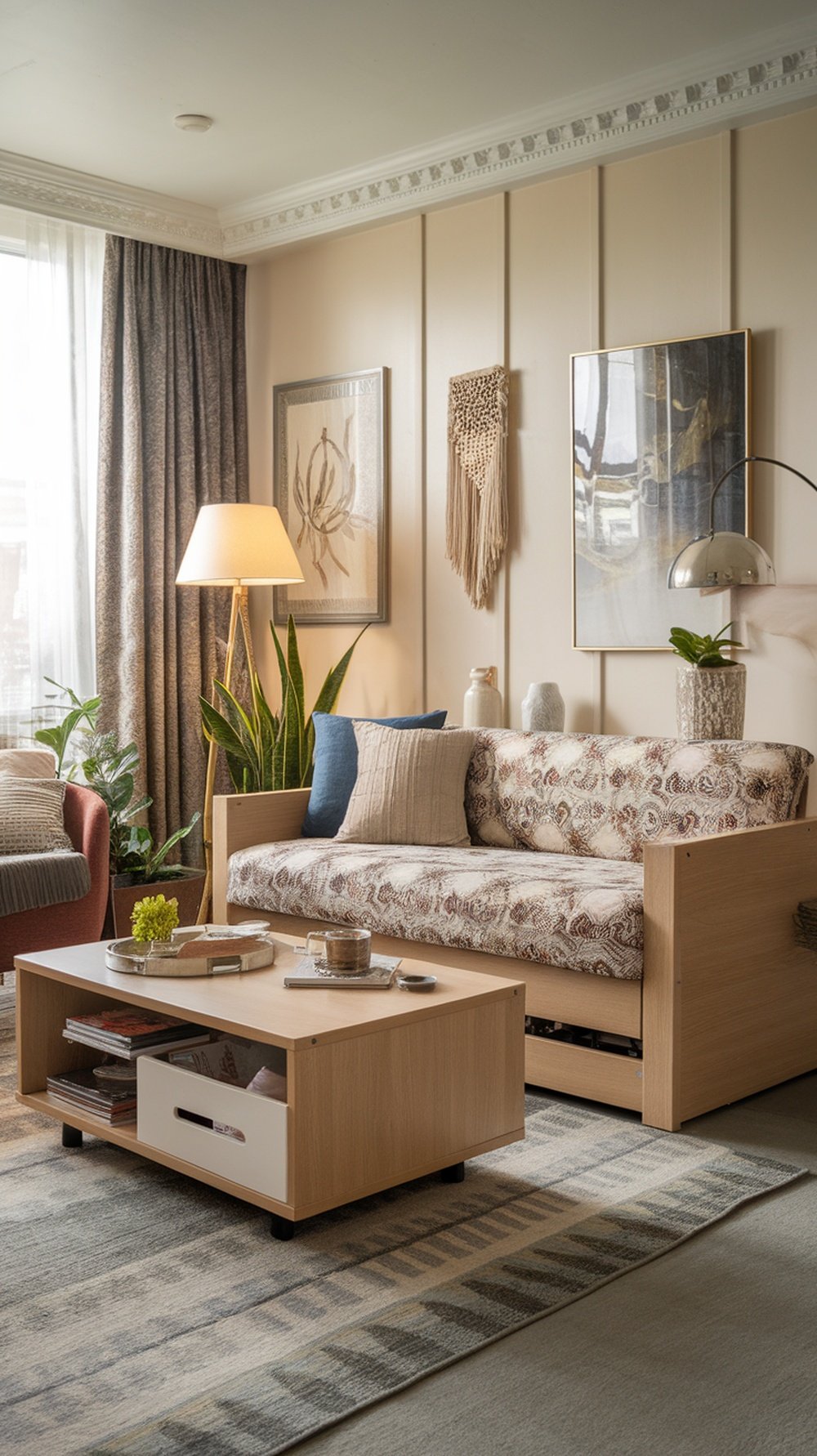 Cozy living area with a multi-functional sofa and coffee table, featuring plants and decorative items.