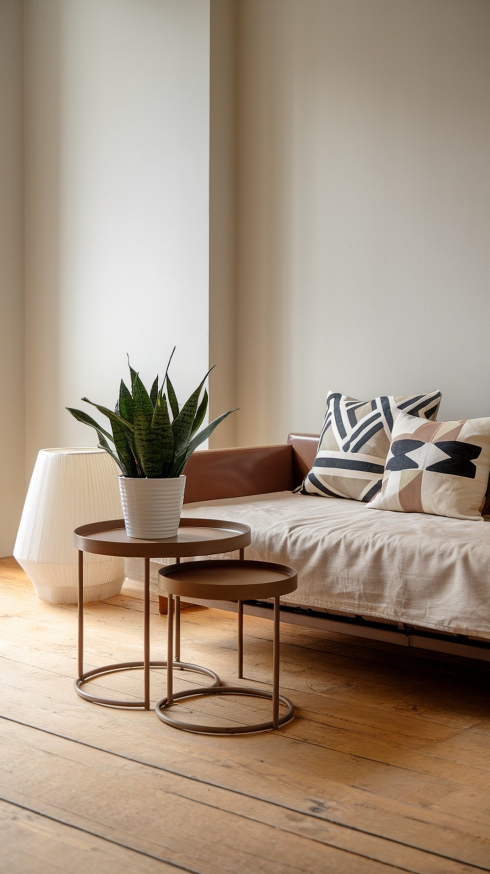 A minimalist living room featuring a brown sofa, decorative cushions, and modern side tables with a potted plant.