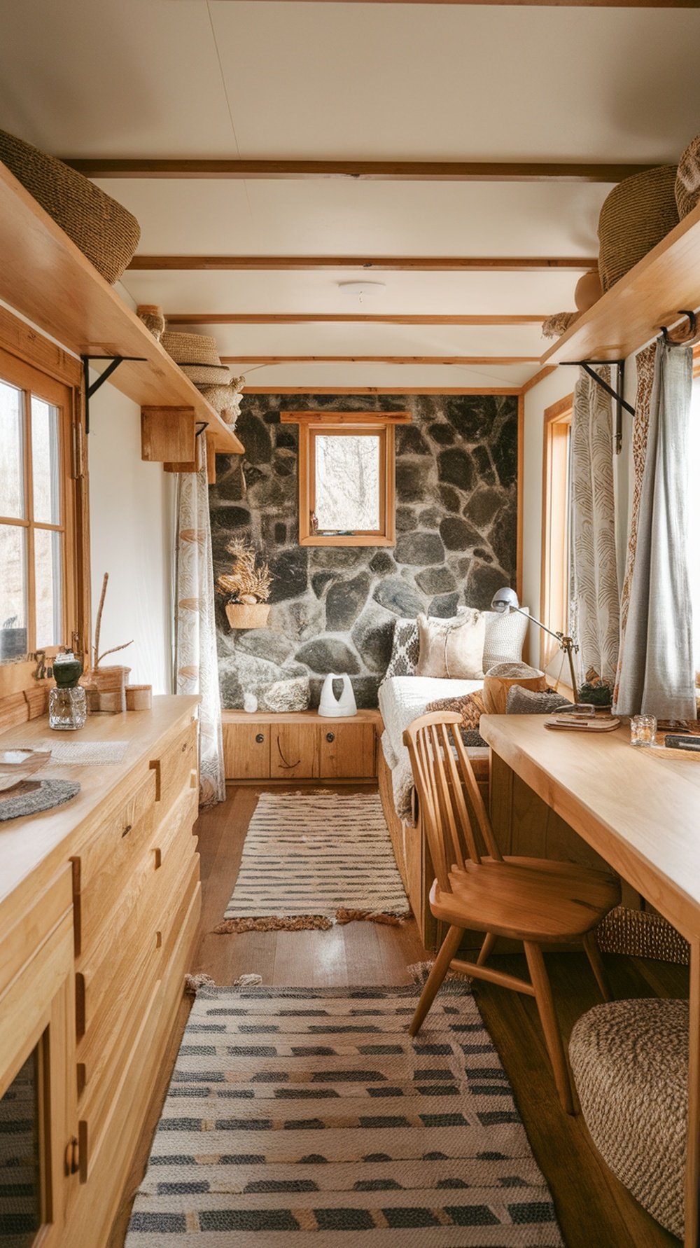 Cozy interior of a tiny home featuring wooden beams, stone walls, and natural textiles.