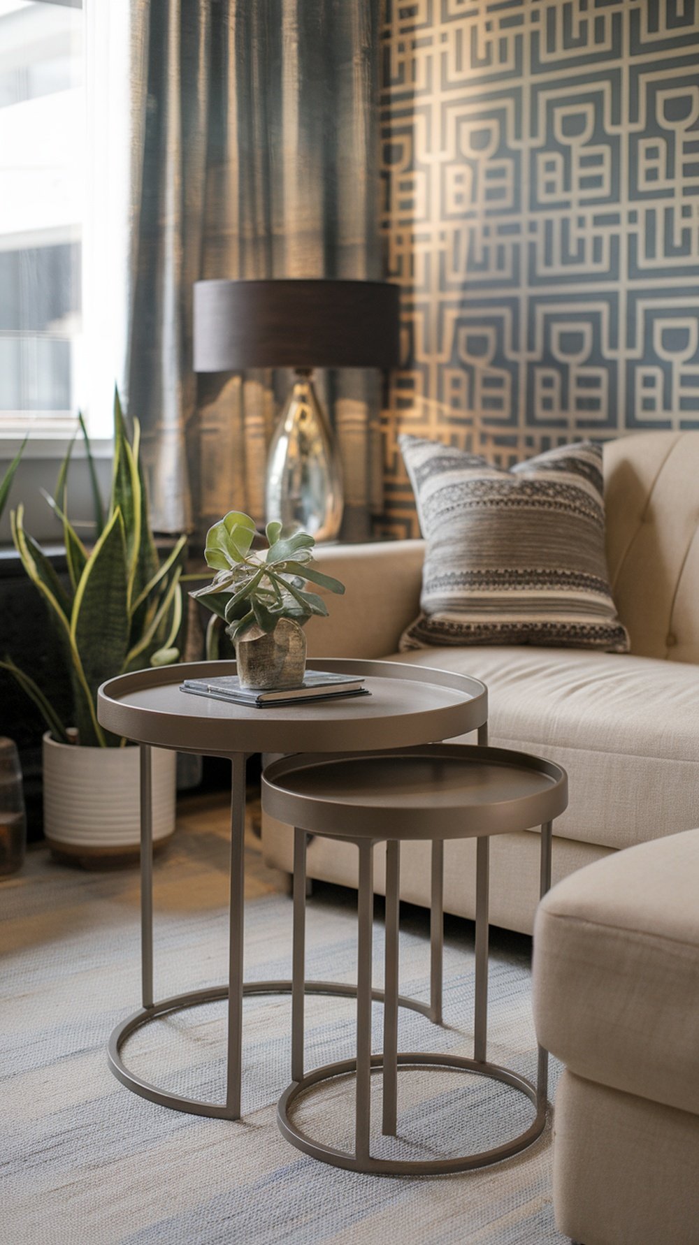 A living room featuring stylish nesting tables, a cozy couch, and decorative elements.