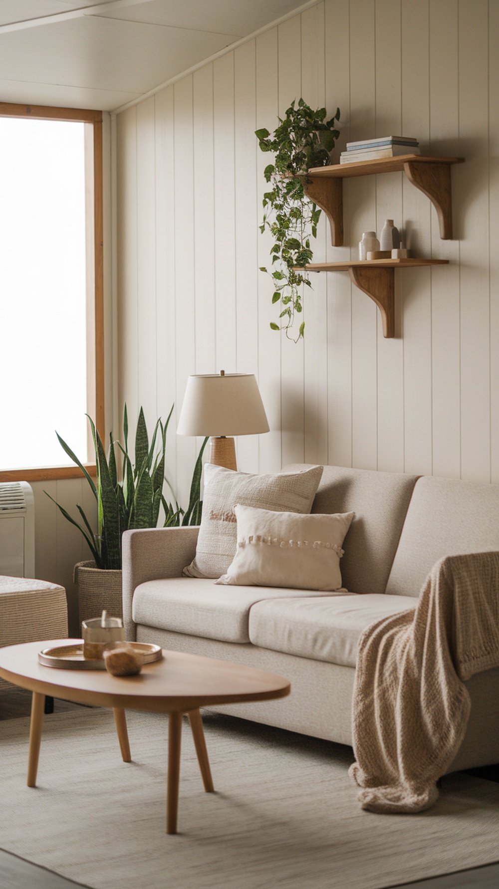 A minimalist living room with a light-colored couch, wooden shelves, and plants, showcasing a neutral color palette.