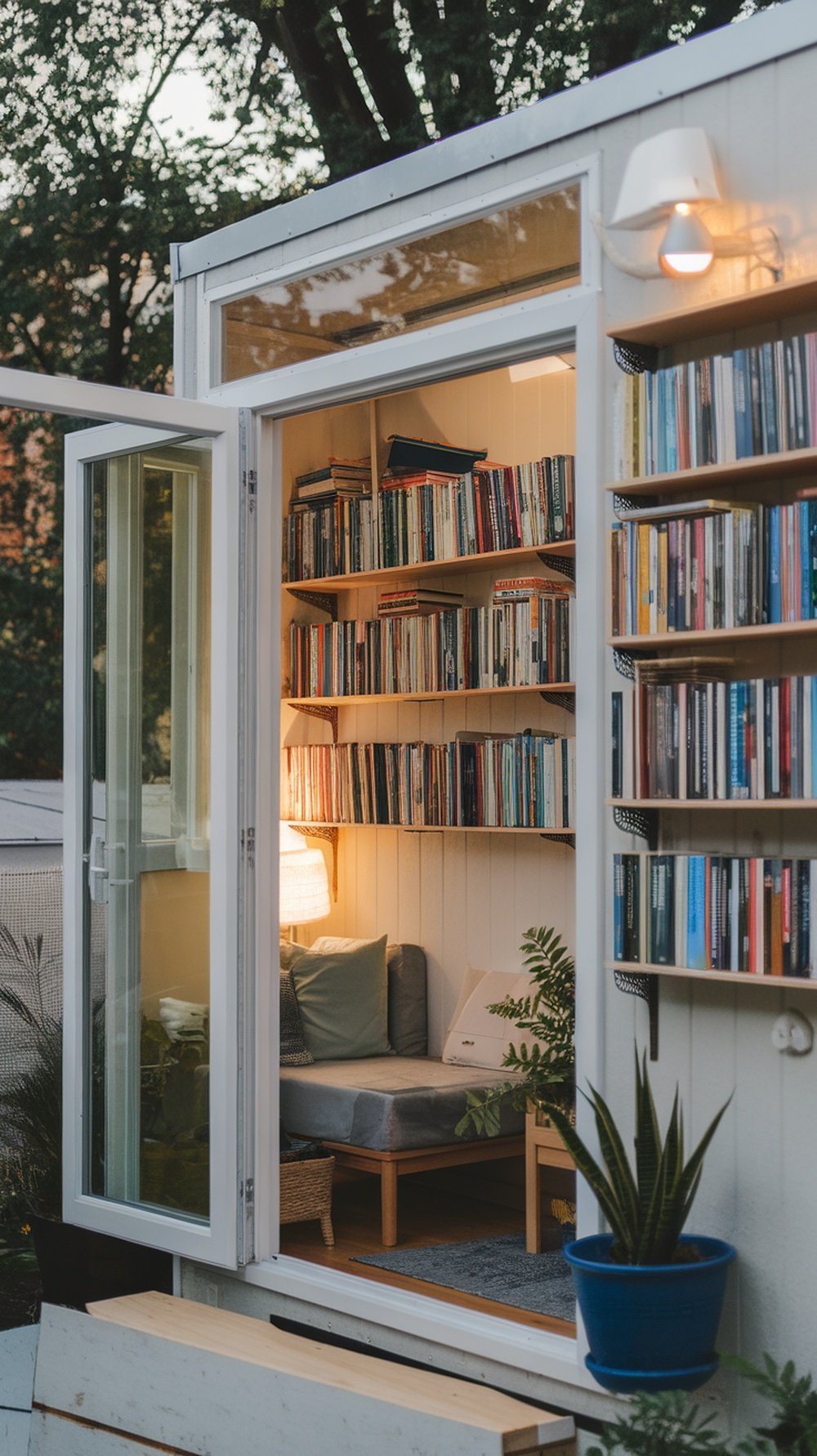 Cozy reading nook in a tiny home with open doors showing outdoor integration.
