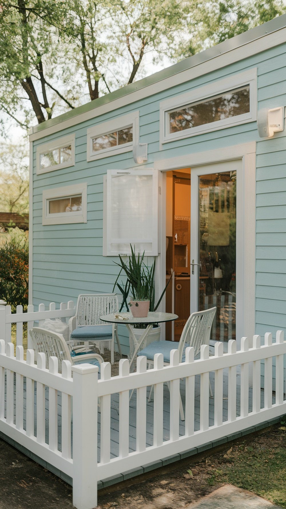 A tiny house outdoor area with a table, chairs, and plants, surrounded by a white picket fence.