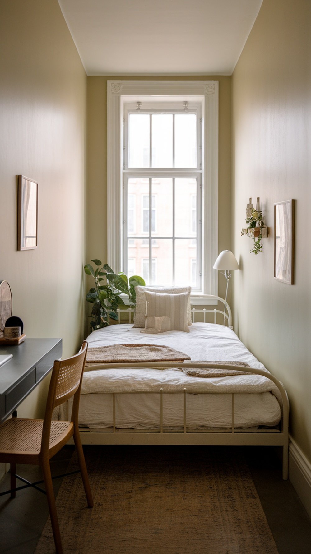 Minimalist bedroom with a bed, desk, and plants, showcasing simple decor and a serene atmosphere.