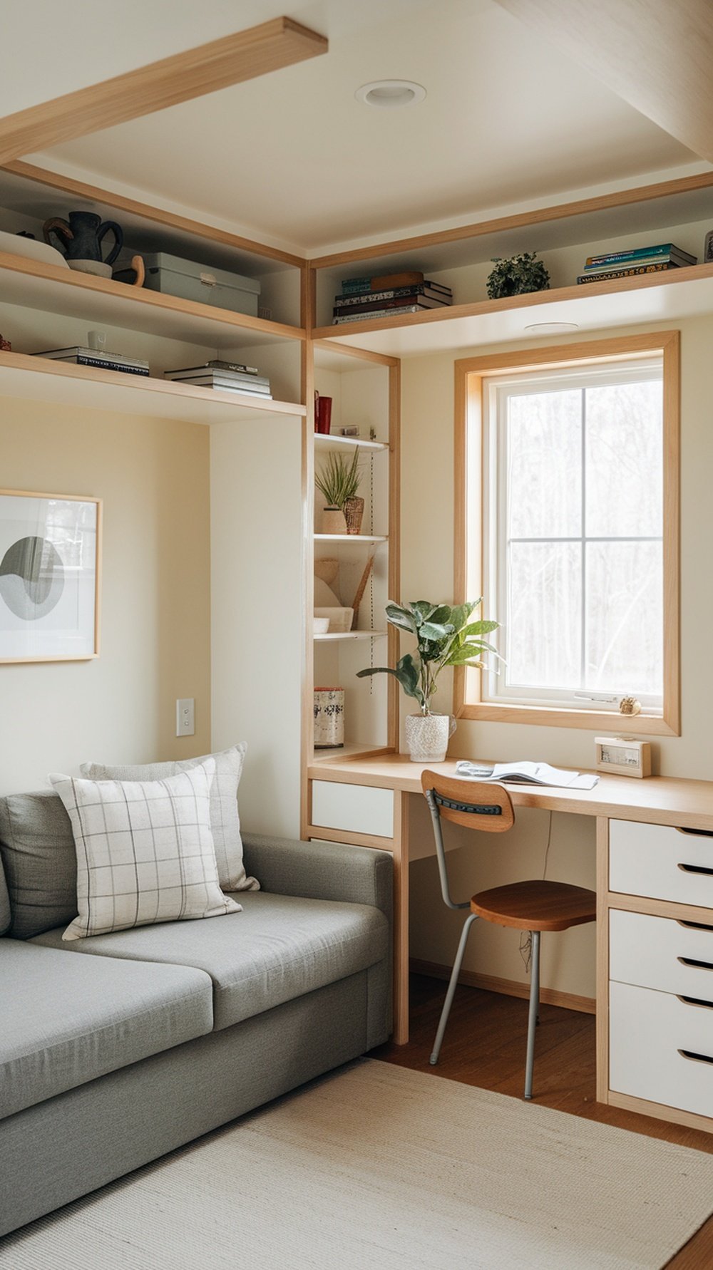 A minimalist tiny home interior featuring a grey couch, built-in shelves, and a small desk with a chair.