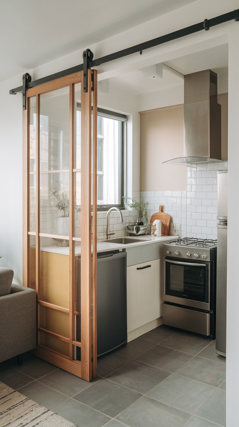 A wooden sliding door separating a kitchen from a living area in a stylish tiny house.