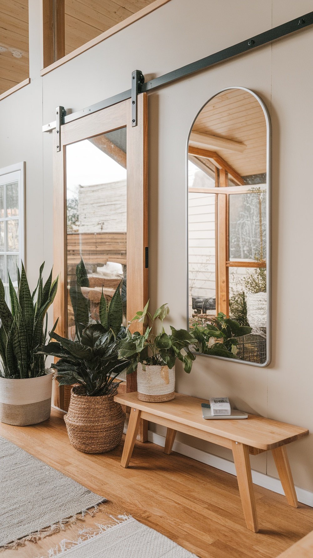 A modern interior featuring a large mirror, plants, and wooden elements, illustrating the smart use of mirrors in minimalist decor.