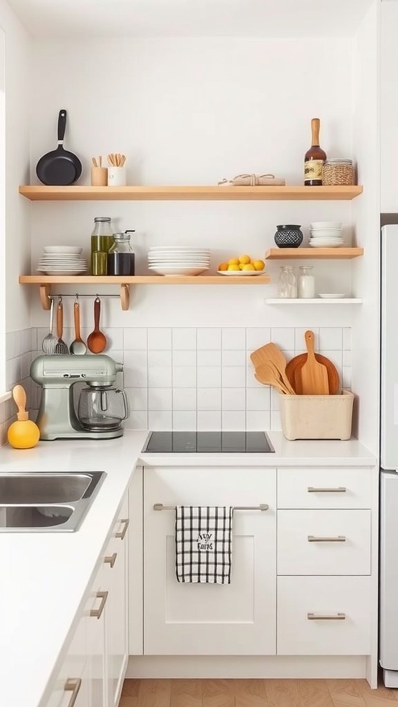 A minimalist kitchen featuring a wooden countertop, white cabinets, and organized kitchen essentials.