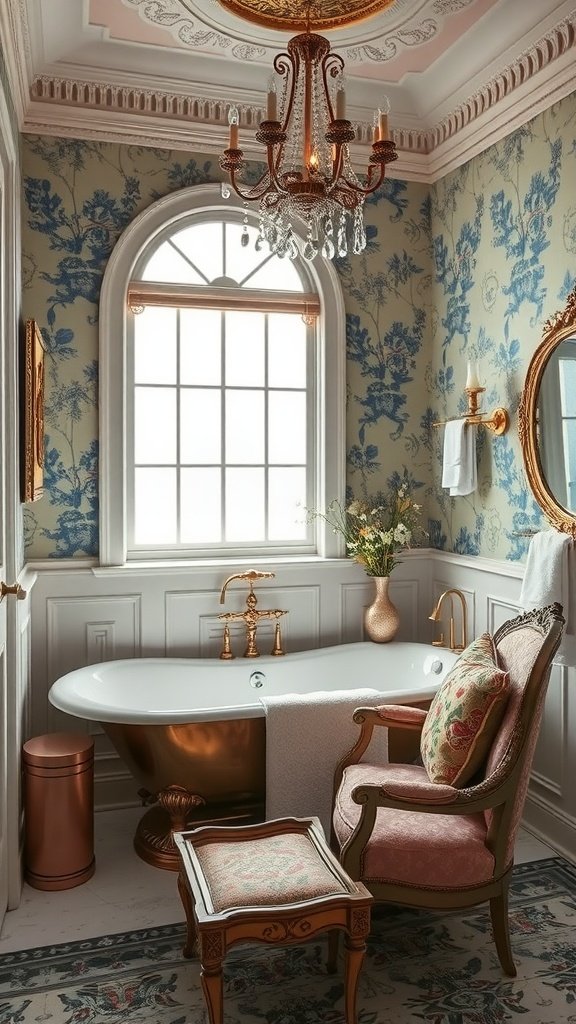 A luxurious Rococo bathroom featuring a copper-accented bathtub, elegant chandelier, floral wallpaper, and a cozy seating area.