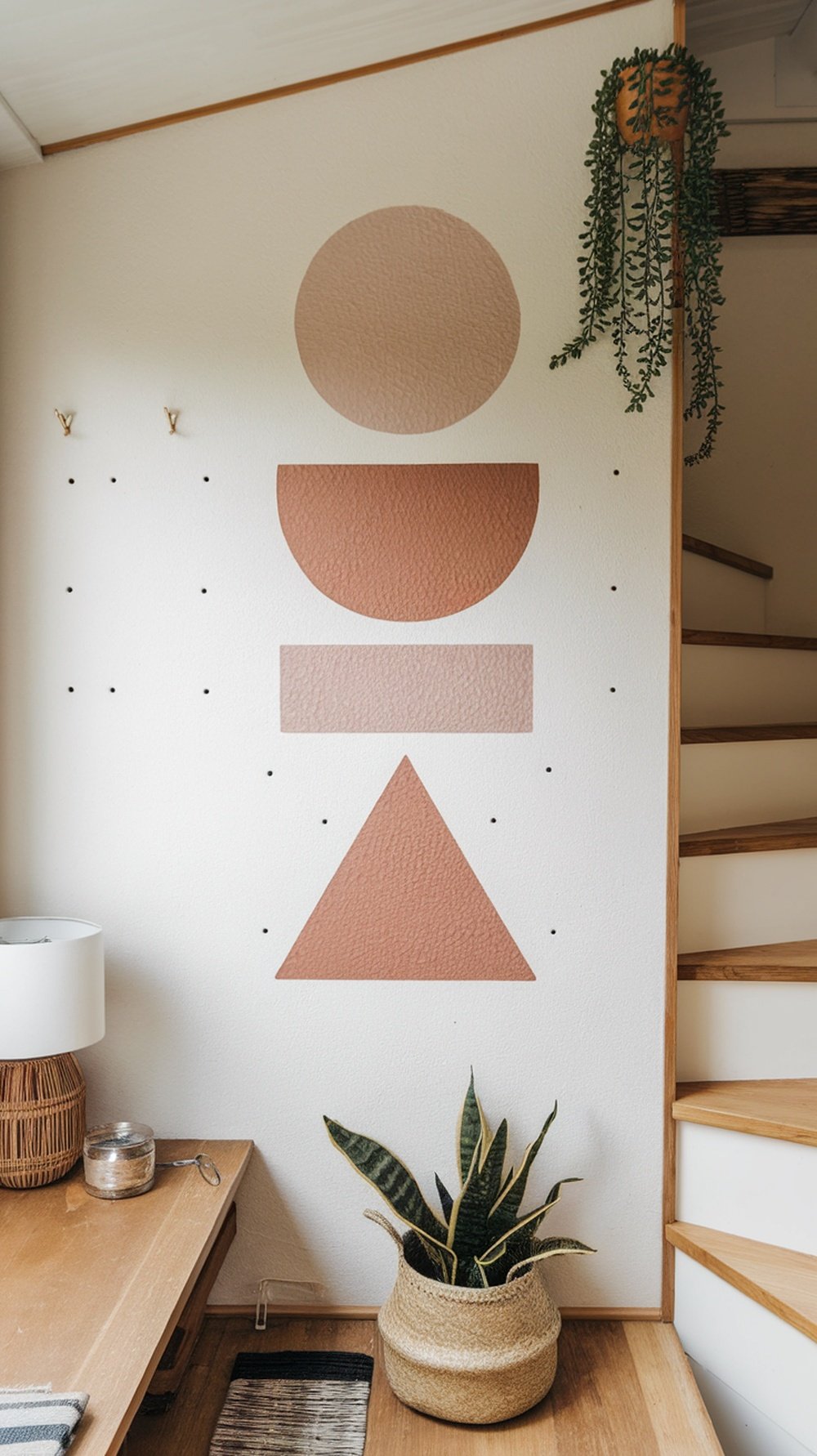A textured wall art featuring geometric shapes in soft colors on a wall beside a staircase.
