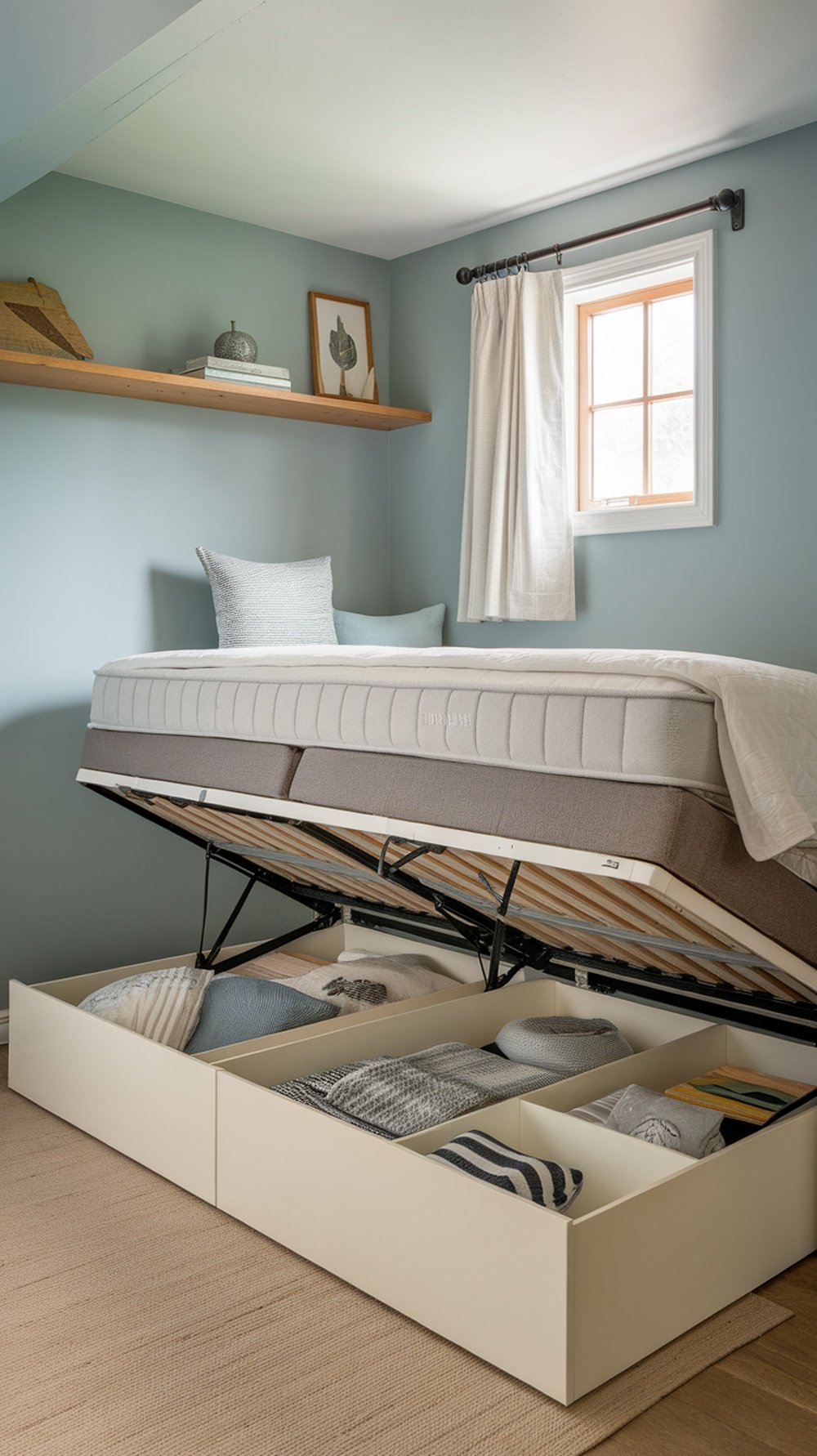 A stylish bed with a lifted mattress, revealing organized storage beneath.