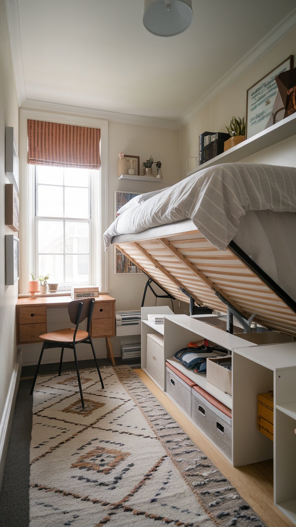 A minimalist bedroom with a bed elevated for under-bed storage, featuring a desk and decorative elements.