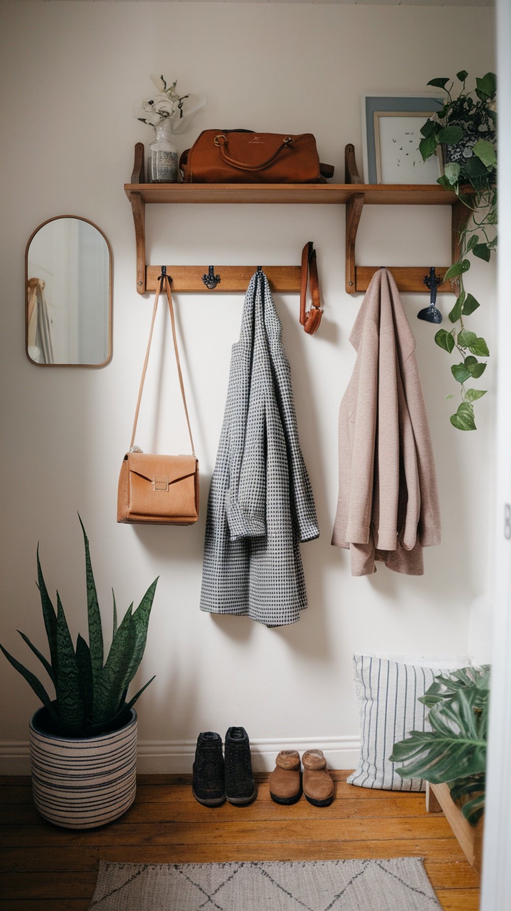 A small entryway featuring a wooden shelf with hooks for hanging coats and bags, a plant in a pot, and neatly arranged shoes.