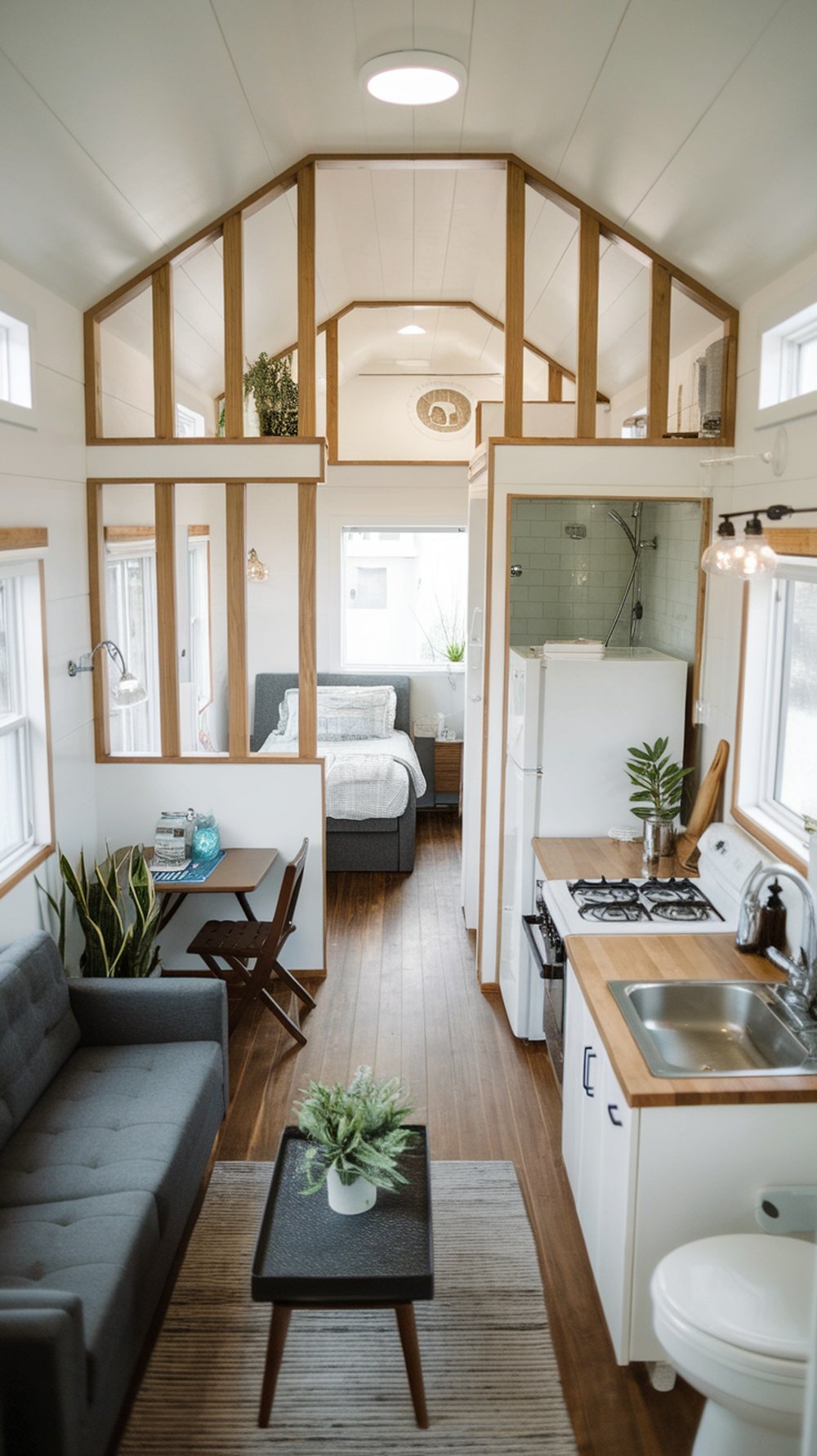 A bright tiny home interior with wooden room dividers separating living and sleeping areas